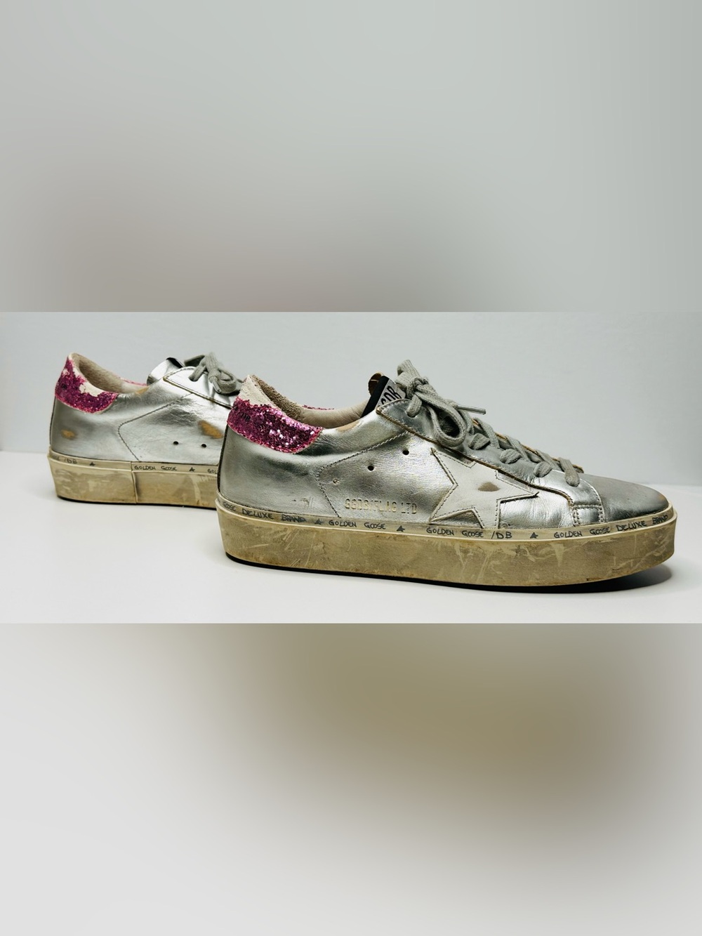 Golden Goose Hi Star Silver Leather Pink Glitter Heel Low Top Sneakers Shoes - Picture 4 of 14